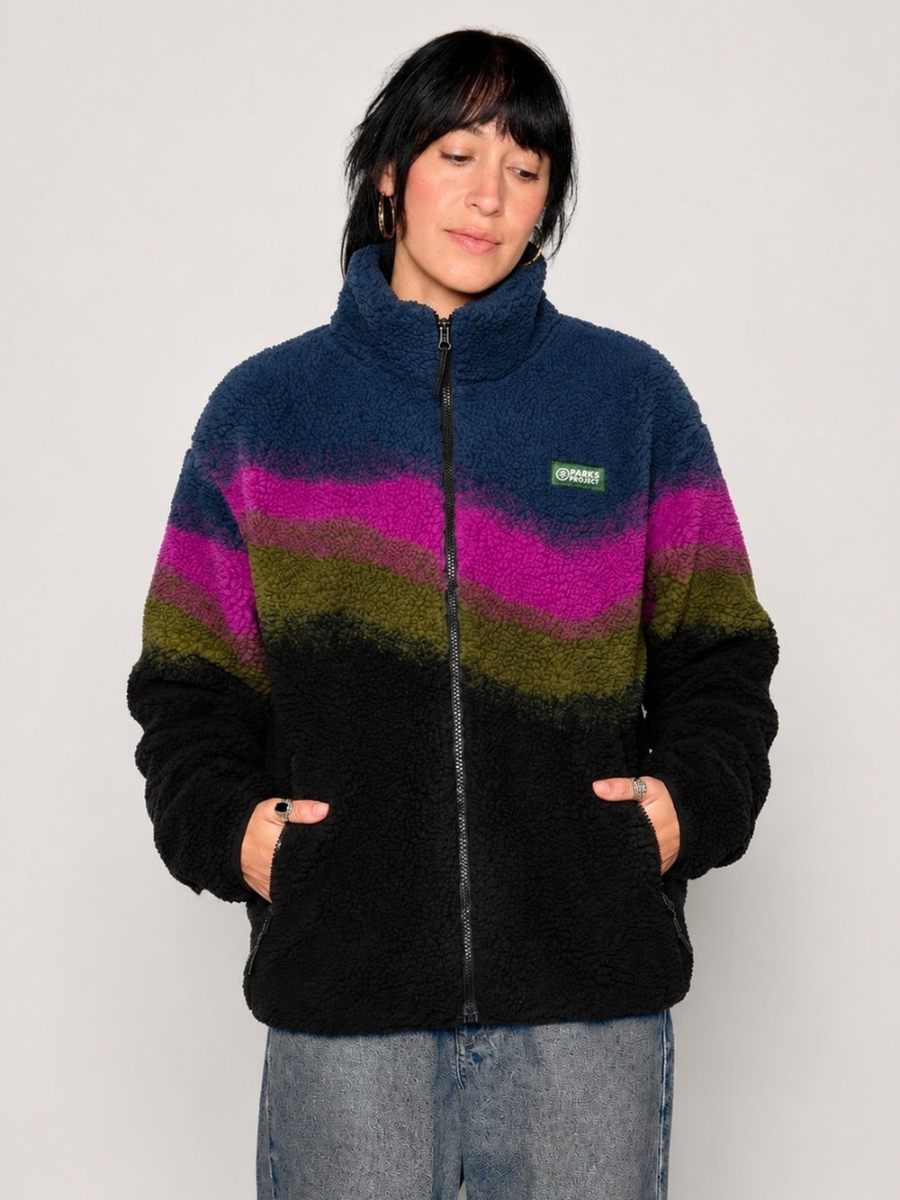 Cozy Striped Sherpa Jacket - Large, Black, Navy & Magenta